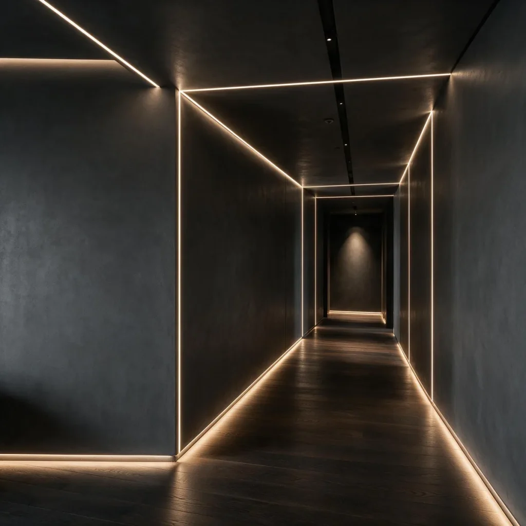 Perfis de alumínio em iluminação linear embutida