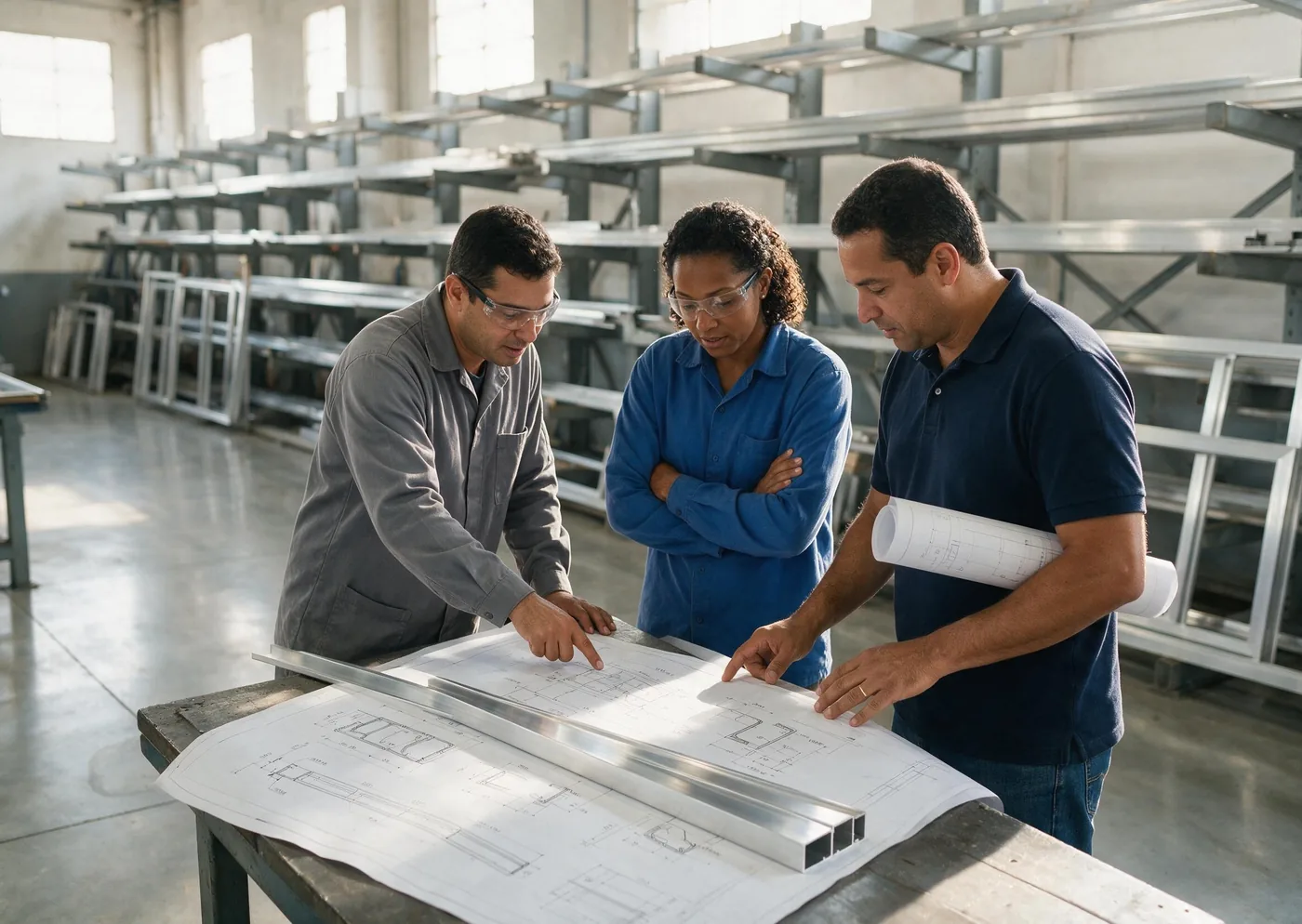 Equipe analisando o projeto de um perfil de alumínio na serralheria